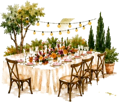 Une longue table dressée en plein air sous des guirlandes lumineuses