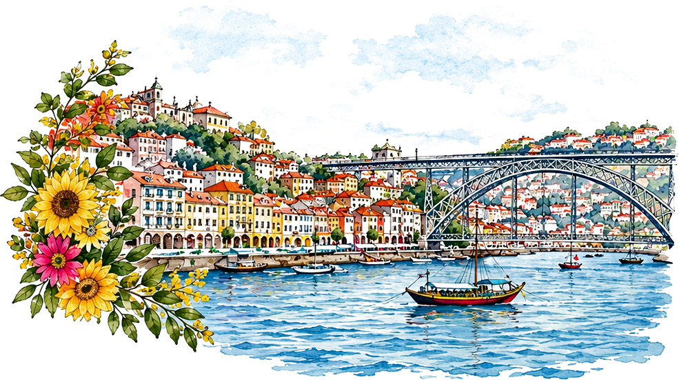 Porto vu depuis le Douro : la Ribeira, le pont Dom-Luís et un bateau rabelo